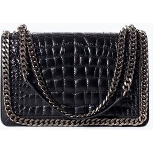 Zara Real leather Black Croc-Embossed Shoulder Bag with Chain